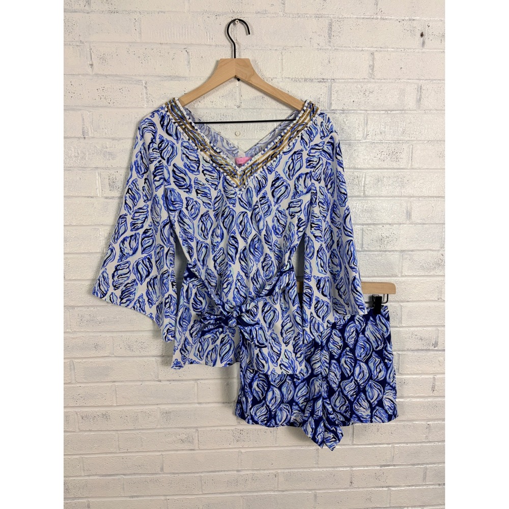 Lilly Pulitzer 2 Piece Set Womens 00 Blue Shell Print Beaded Tunic Shorts Resort